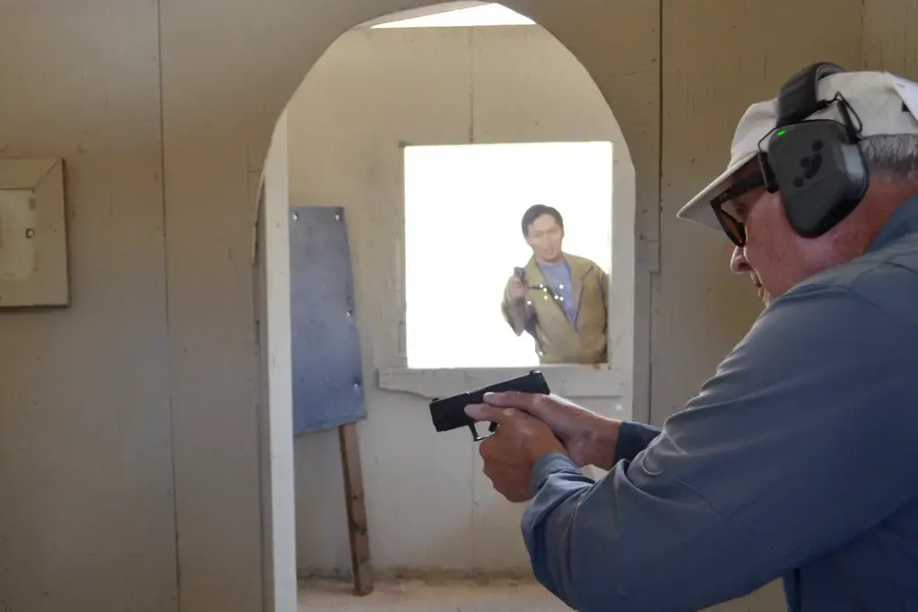 TAURUS GX2 9mm Author Mike Detty running drills in the shoothouse at Gunsite Academy