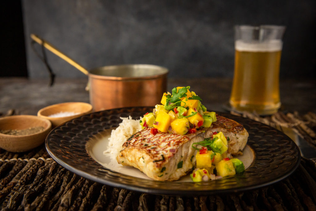 Grilled Marinated Fish with Tropical Salsa and Coconut Rice